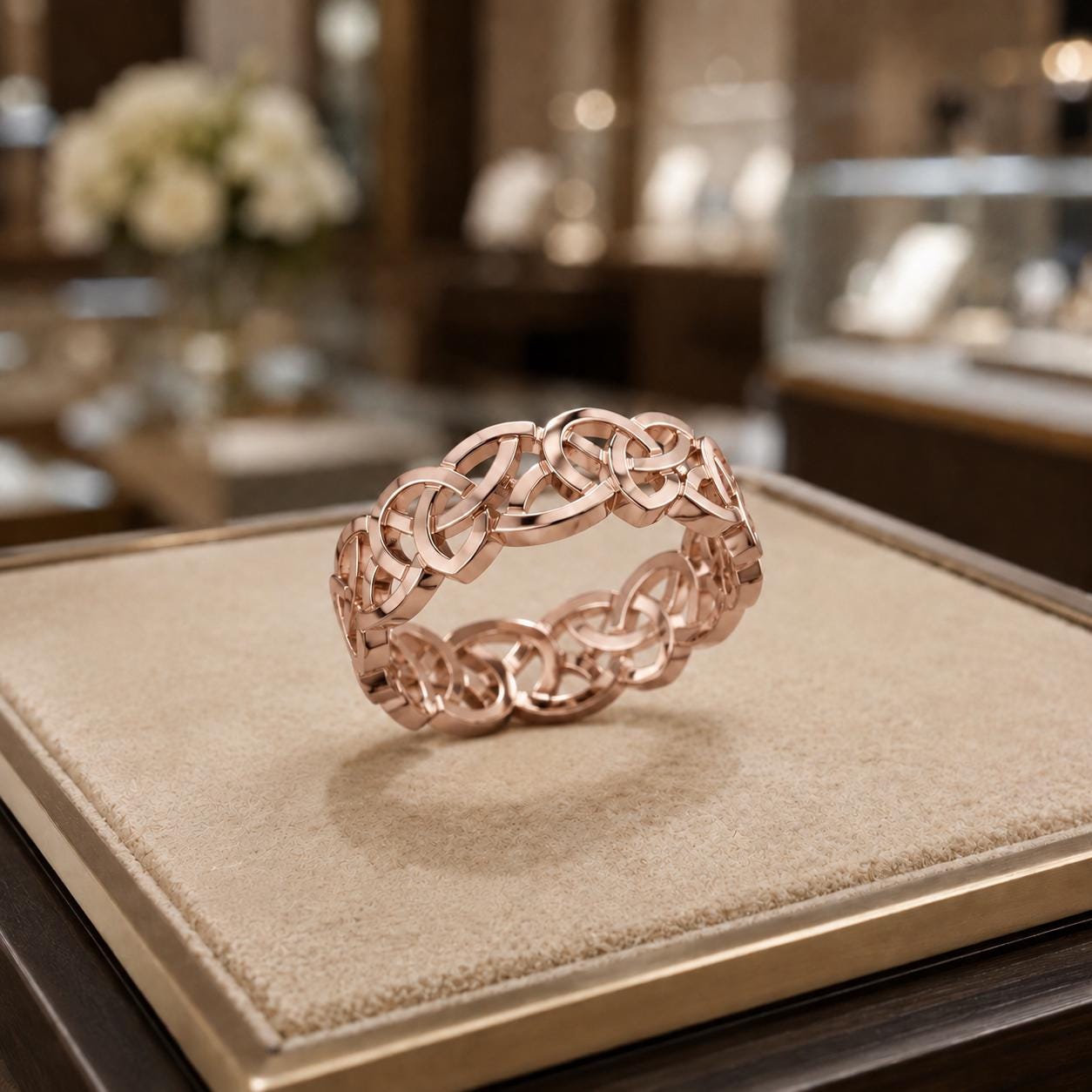 A rose gold ring with intricate Celtic knot designs is displayed on a beige stand in a jewelry store.