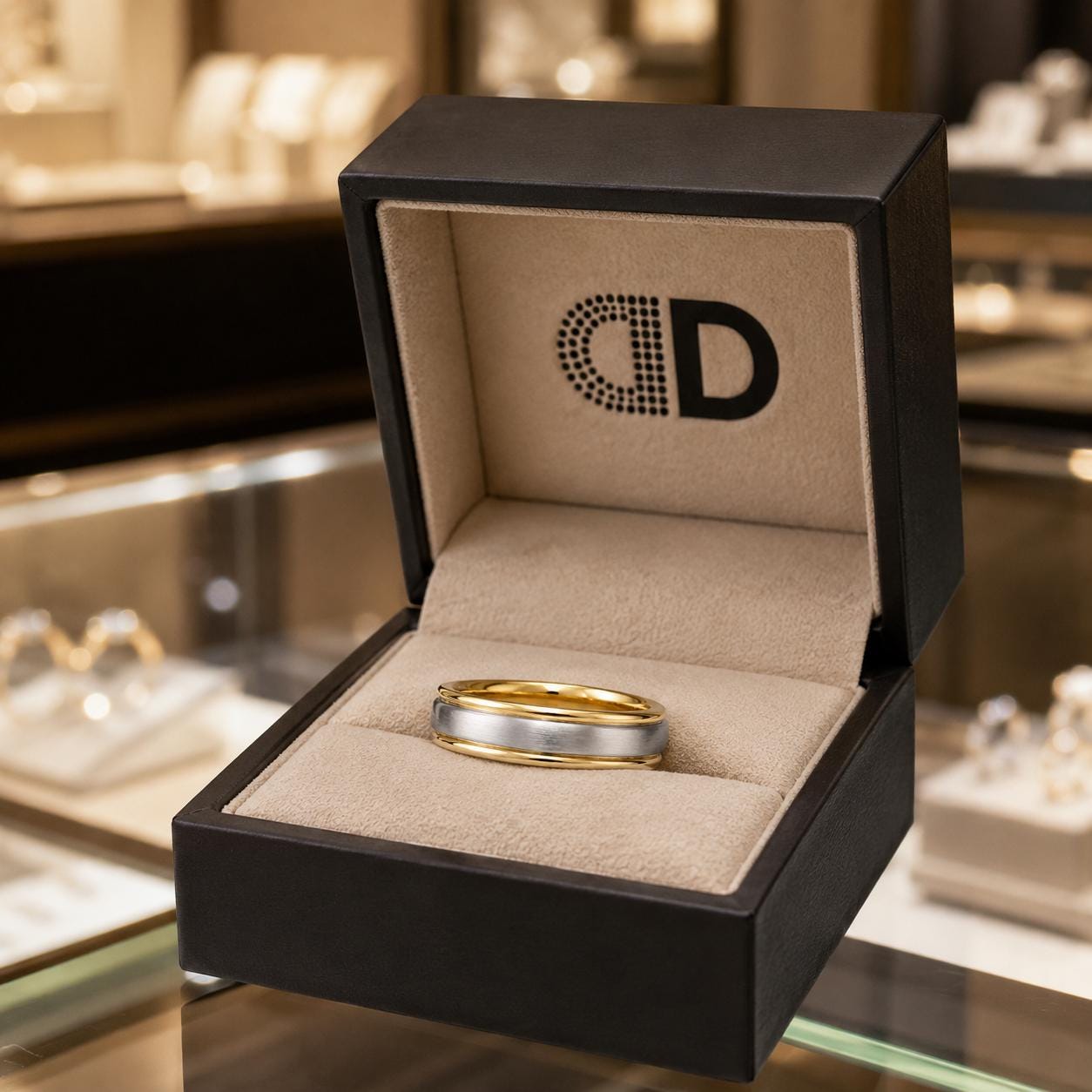 A gold and silver wedding ring is displayed in a black jewelry box with the letters "CD" on the inside.