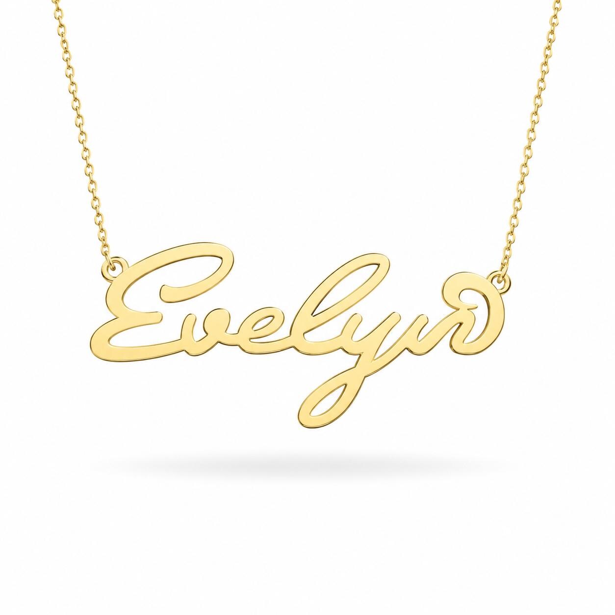 A gold-colored necklace with the name "Evelyn" engraved on it.