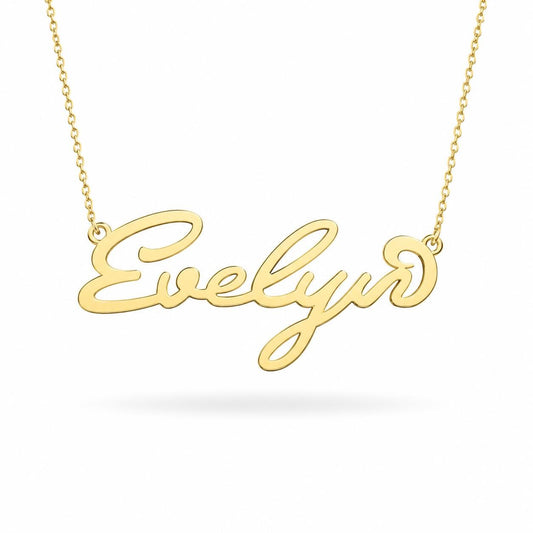 A gold-colored necklace with the name "Evelyn" engraved on it.