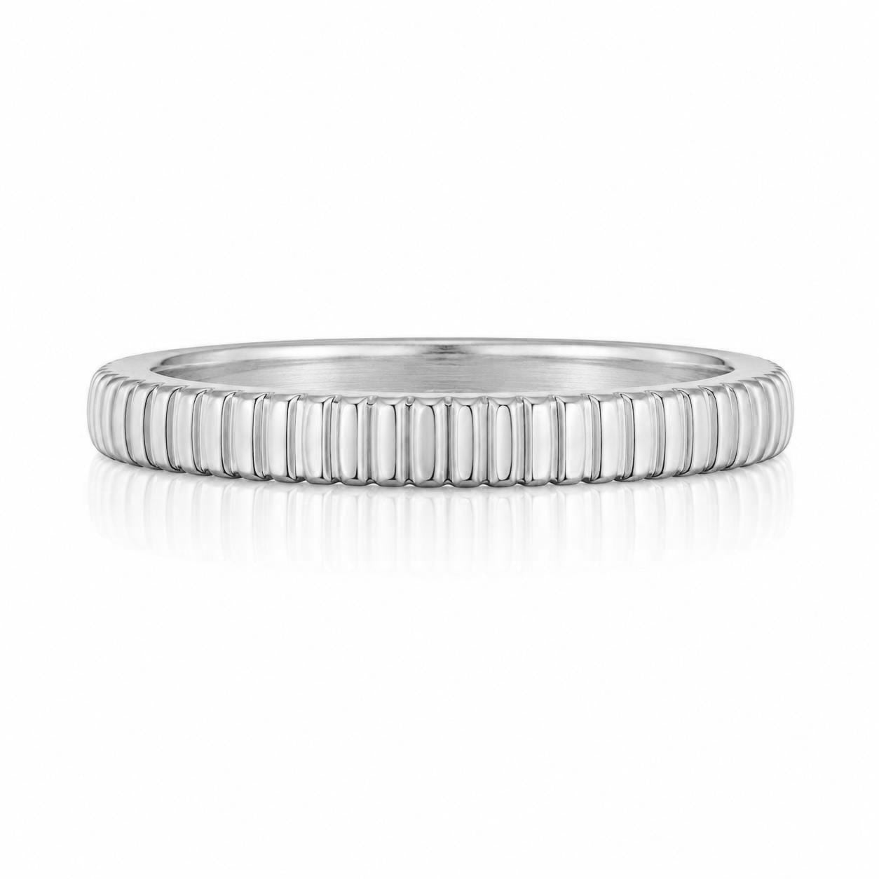A silver-colored band with a row of small, vertical lines running through it.