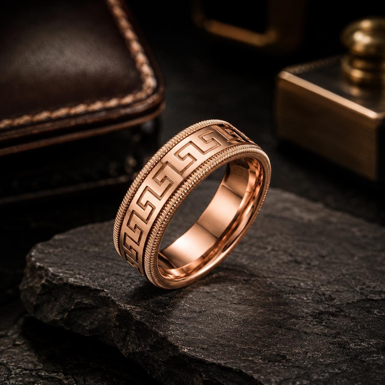 A gold-colored ring with a Greek key pattern is displayed on a dark surface, with a leather wallet and a small box in the background.