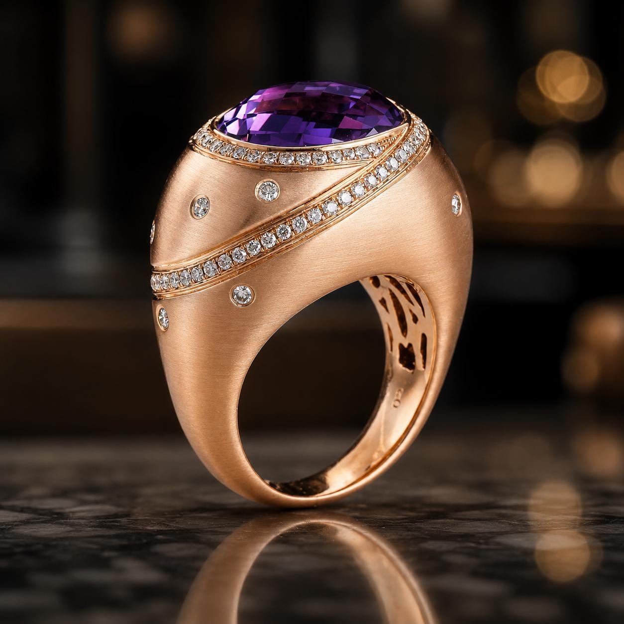 A gold ring with a large purple gemstone, likely an amethyst, set in a decorative manner with small diamonds around the edges.