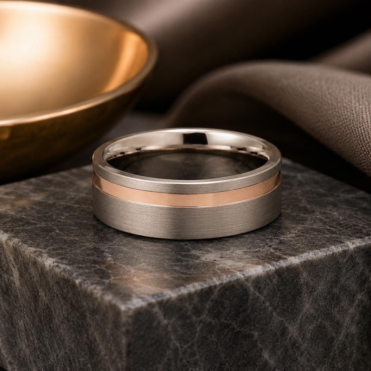 A silver ring with a thin gold stripe sits on a dark gray stone surface, with a gold bowl and a brown fabric in the background.