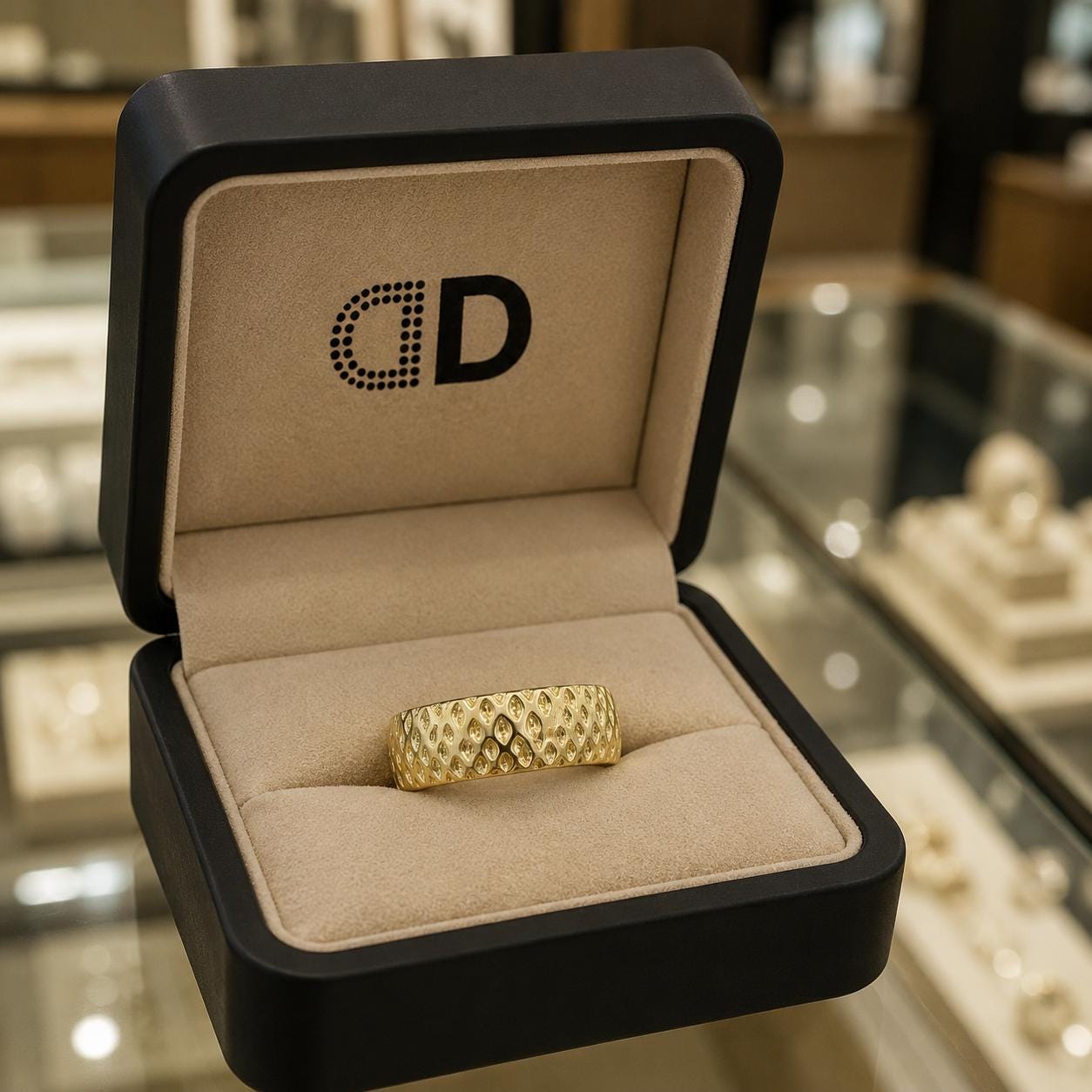 A gold ring is displayed in a black jewelry box with the letters "CD" printed on it.