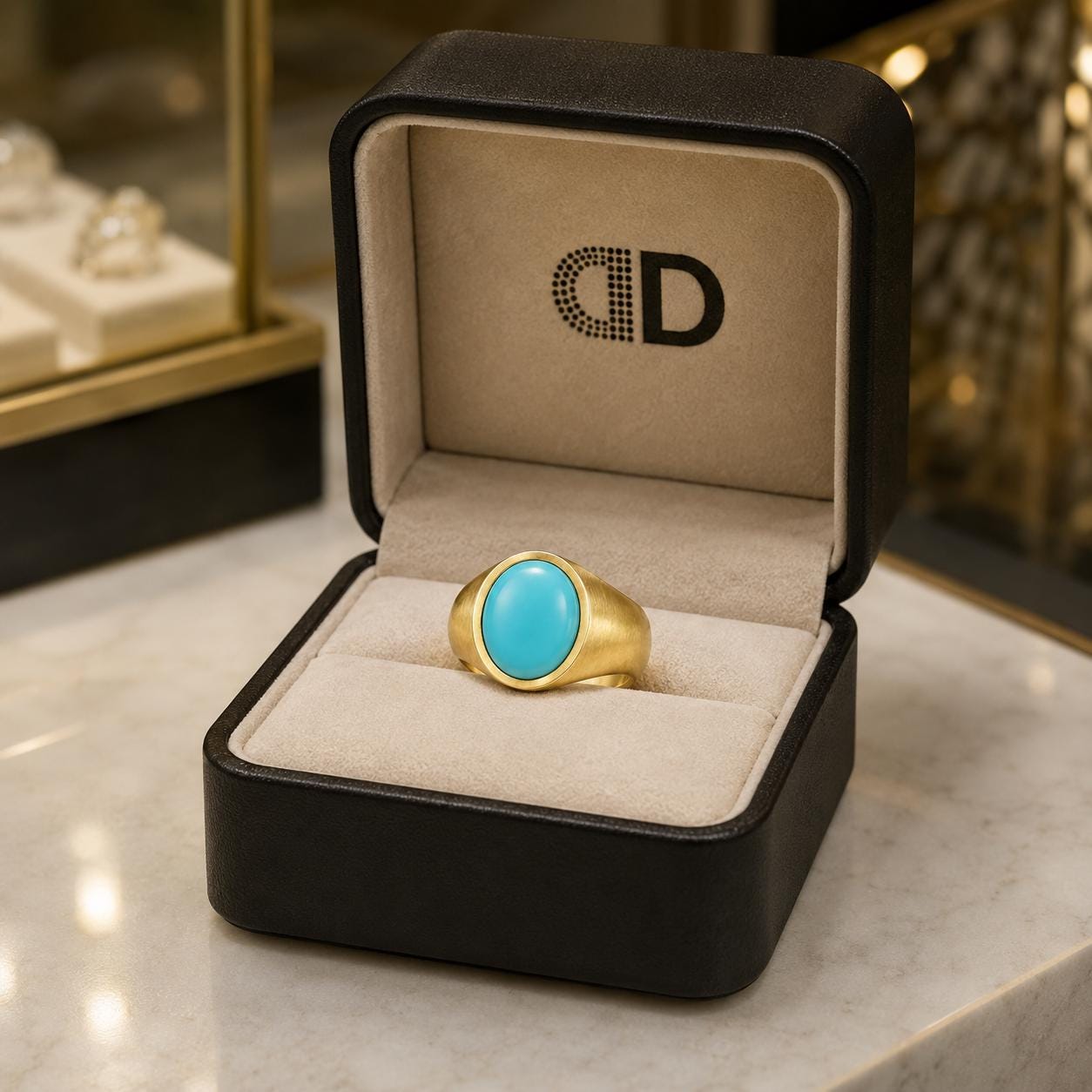 A gold ring with a turquoise stone is displayed in a black jewelry box with a logo on the lid.