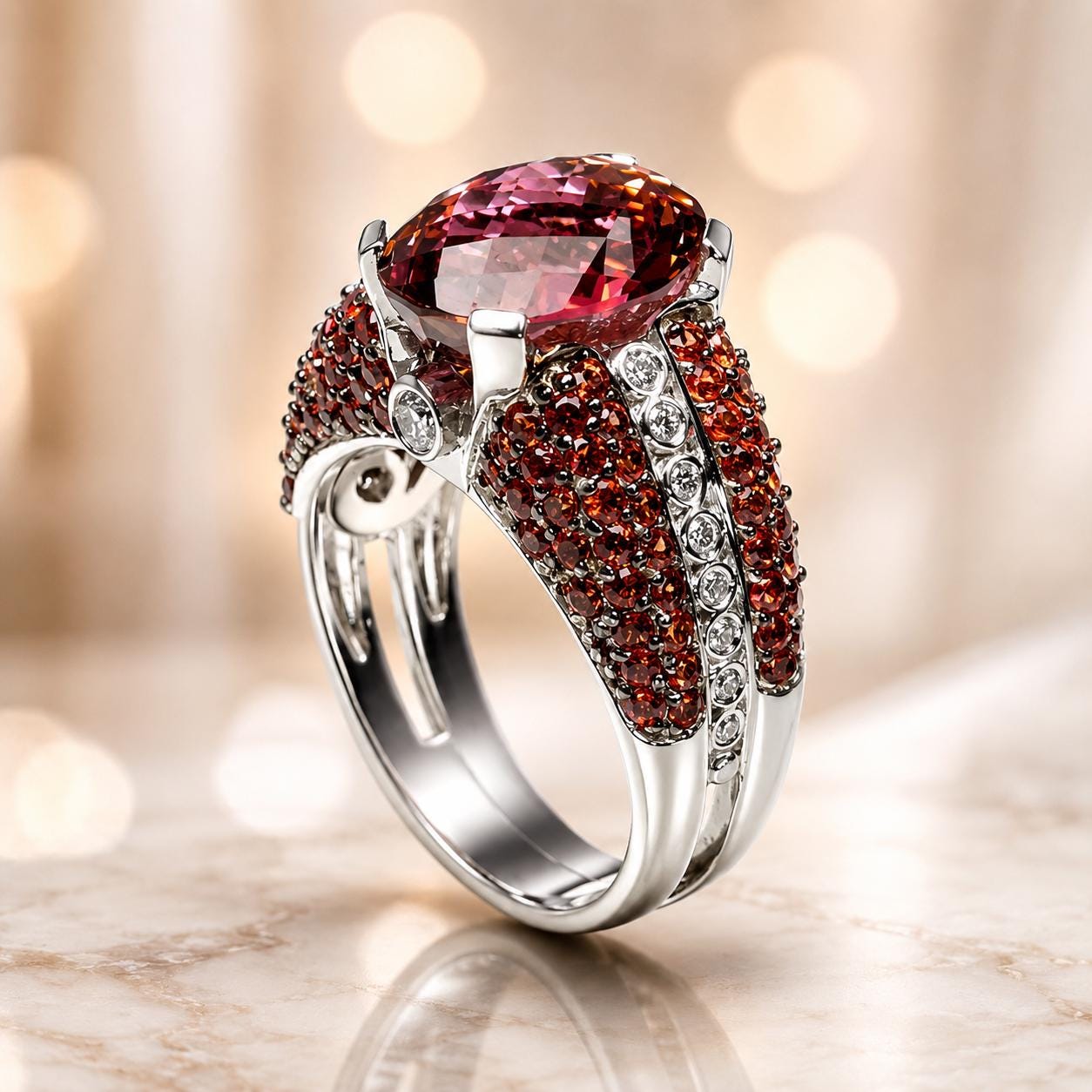 A stunning ring with a large, deep red gemstone set in a silver band, accented by smaller diamonds.