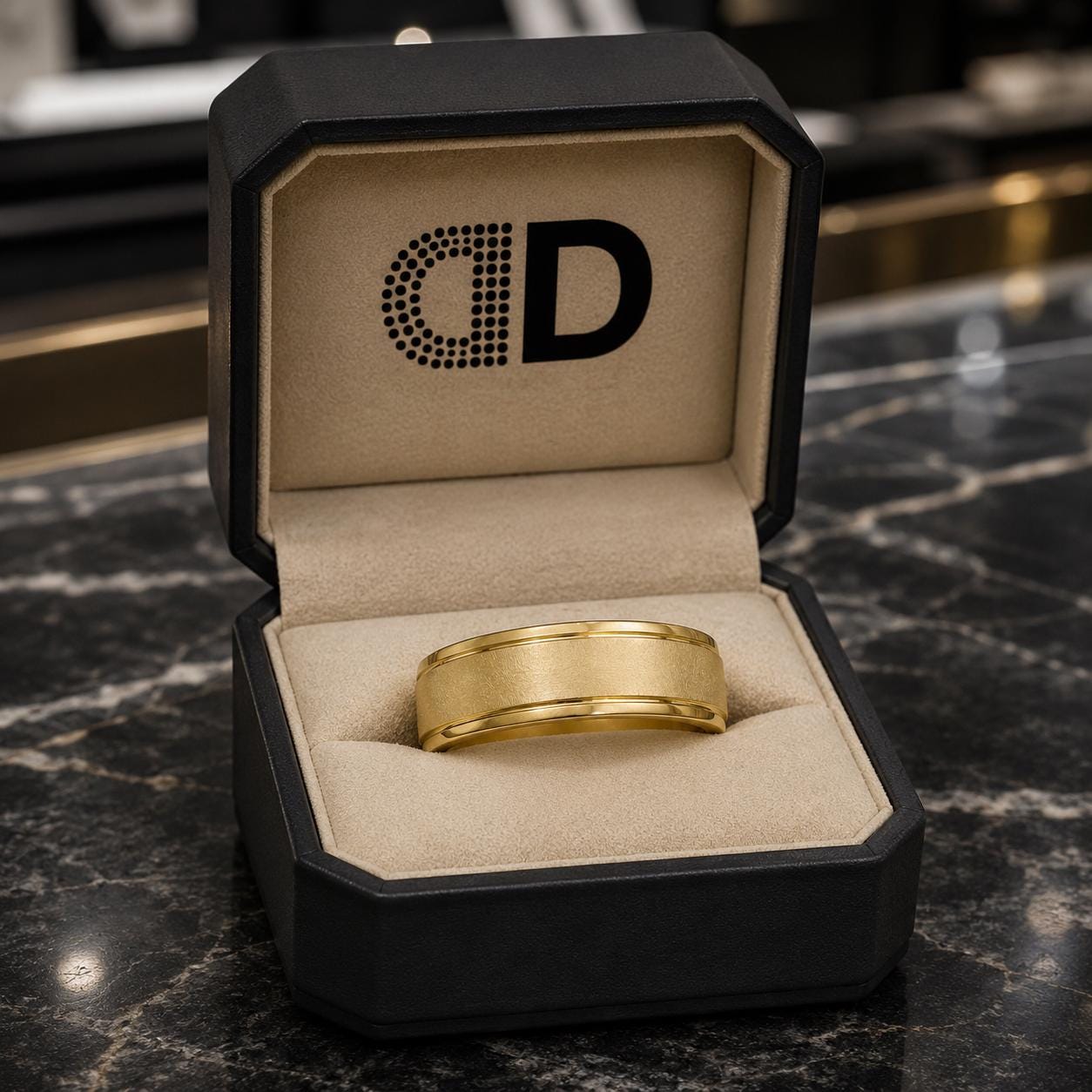 A gold ring is displayed in a black jewelry box with a beige interior, placed on a marble countertop.