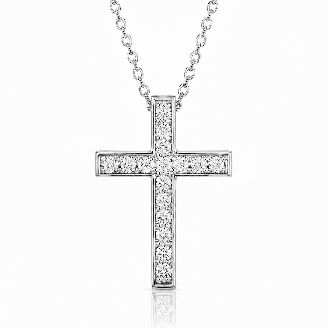 A silver cross pendant with small diamonds set in the center.
