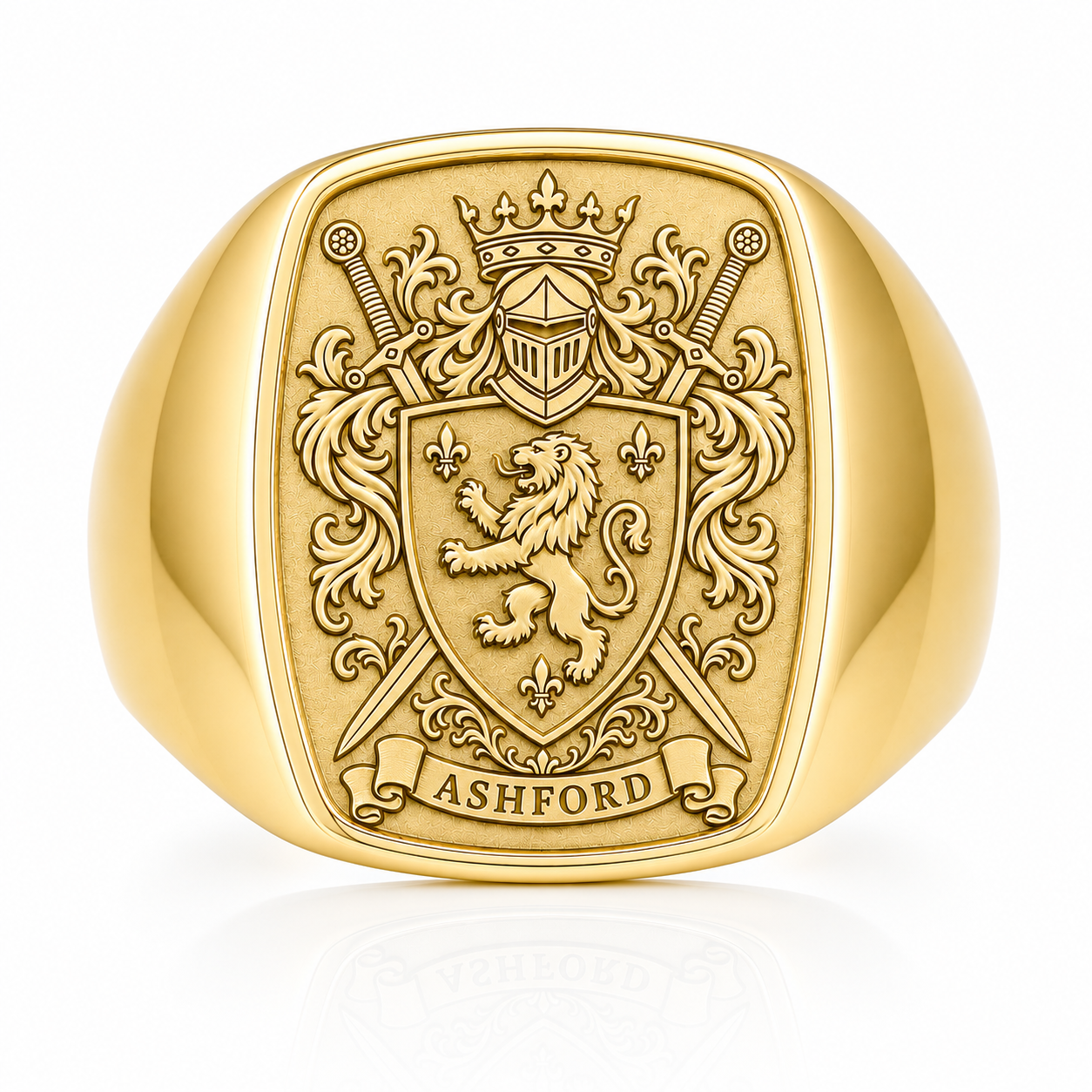 A gold ring with a detailed engraved crest featuring a lion, crossed swords, and a crown.
