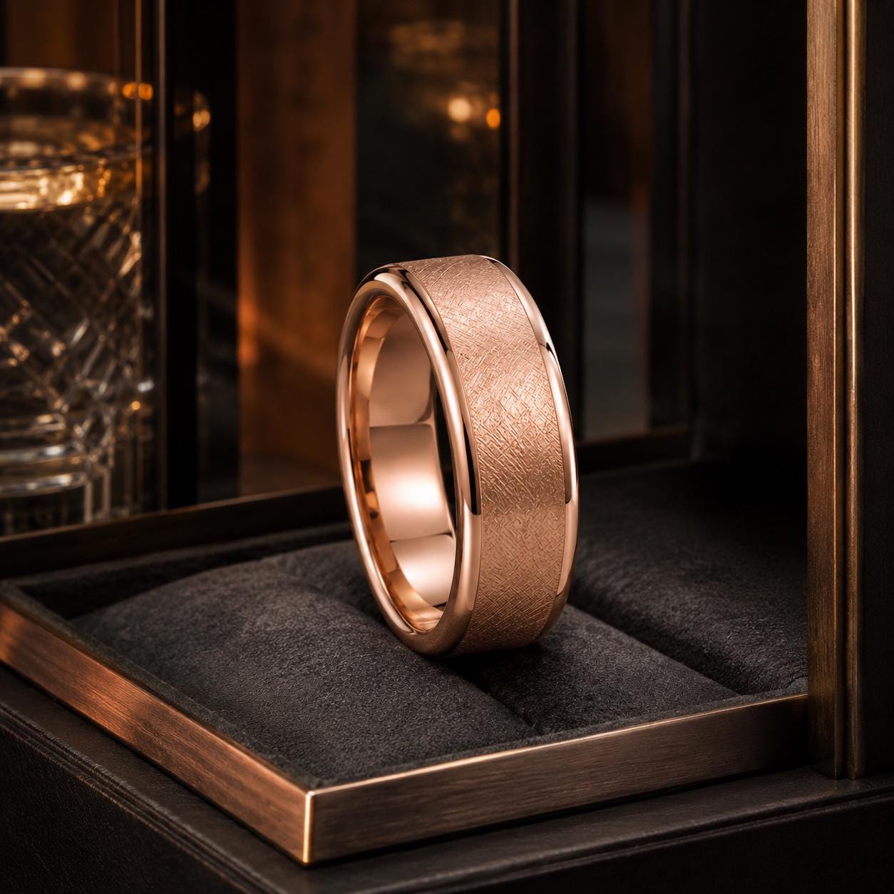 A gold-colored ring is displayed on a black velvet cushion, placed on a wooden stand.