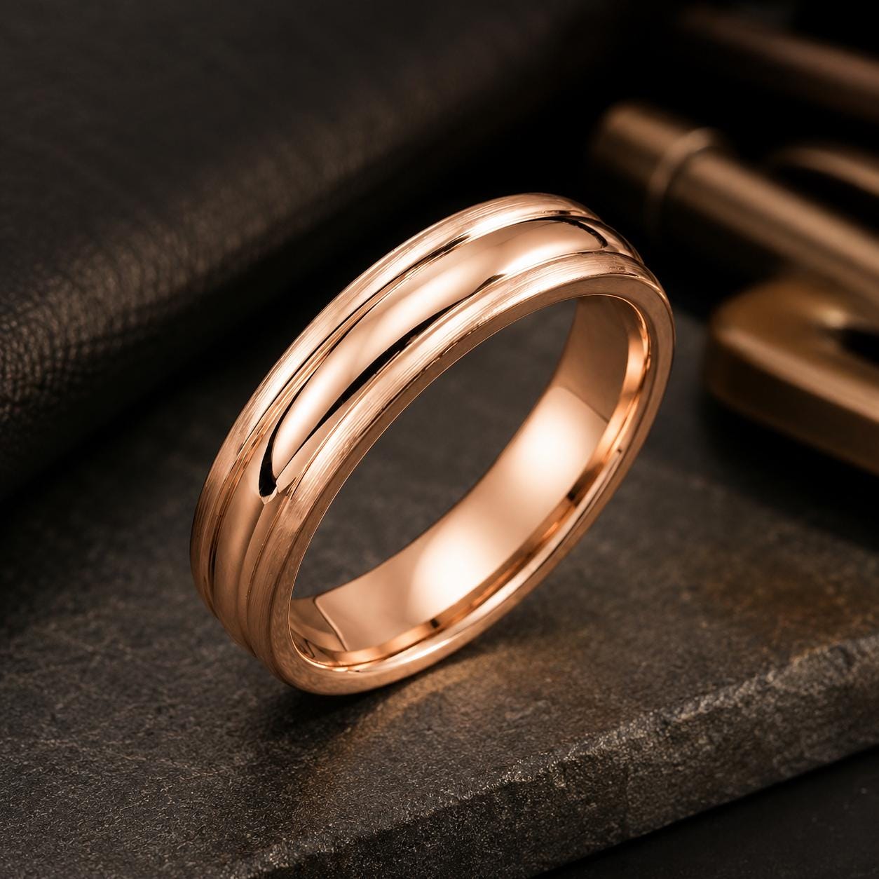 A gold-colored ring is displayed on a dark surface, with a key and a piece of fabric visible in the background.
