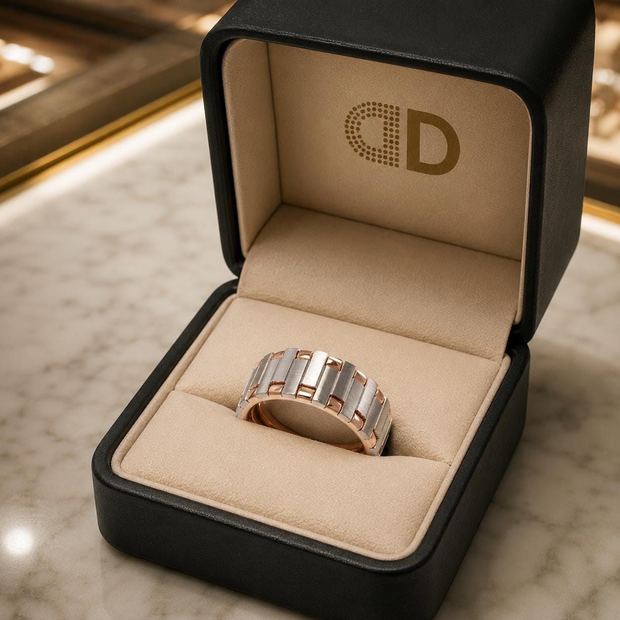 A gold ring is displayed in a black jewelry box with a gold logo on the lid.