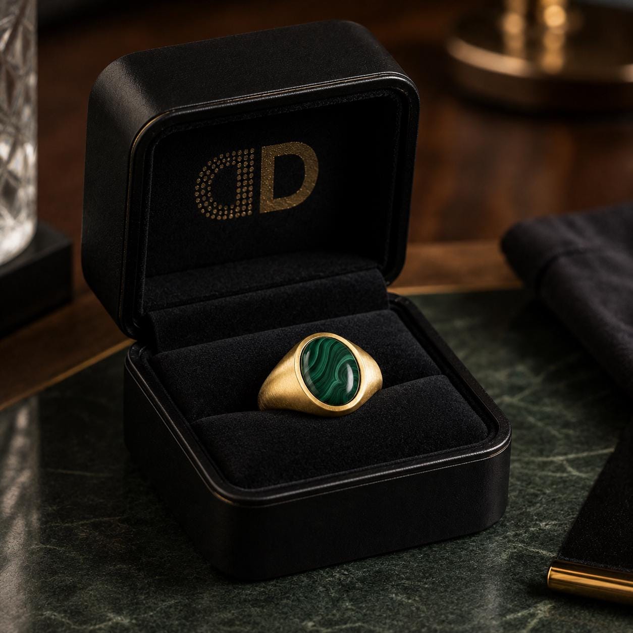 A gold ring with a green gemstone is displayed in a black jewelry box with the letters 'CD' on it.