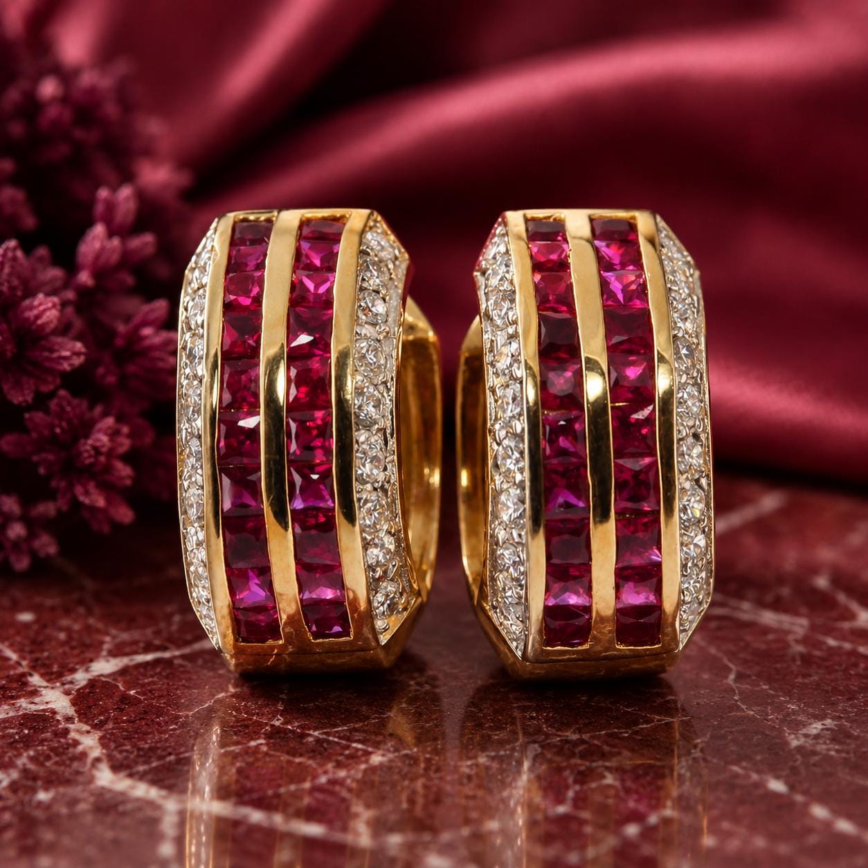 A pair of elegant gold earrings with red gemstones set in a gold-colored band, displayed on a red marble surface.