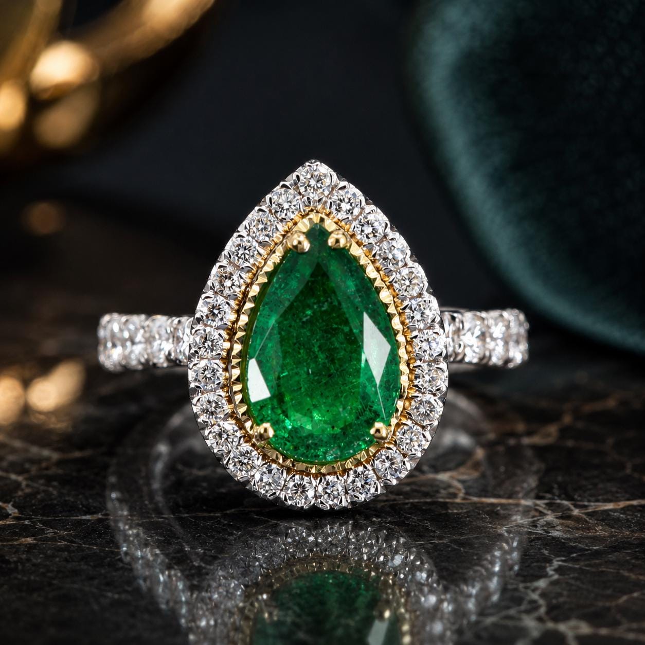 A diamond ring with a large, vibrant green gemstone set in a halo of smaller diamonds, placed on a dark surface.