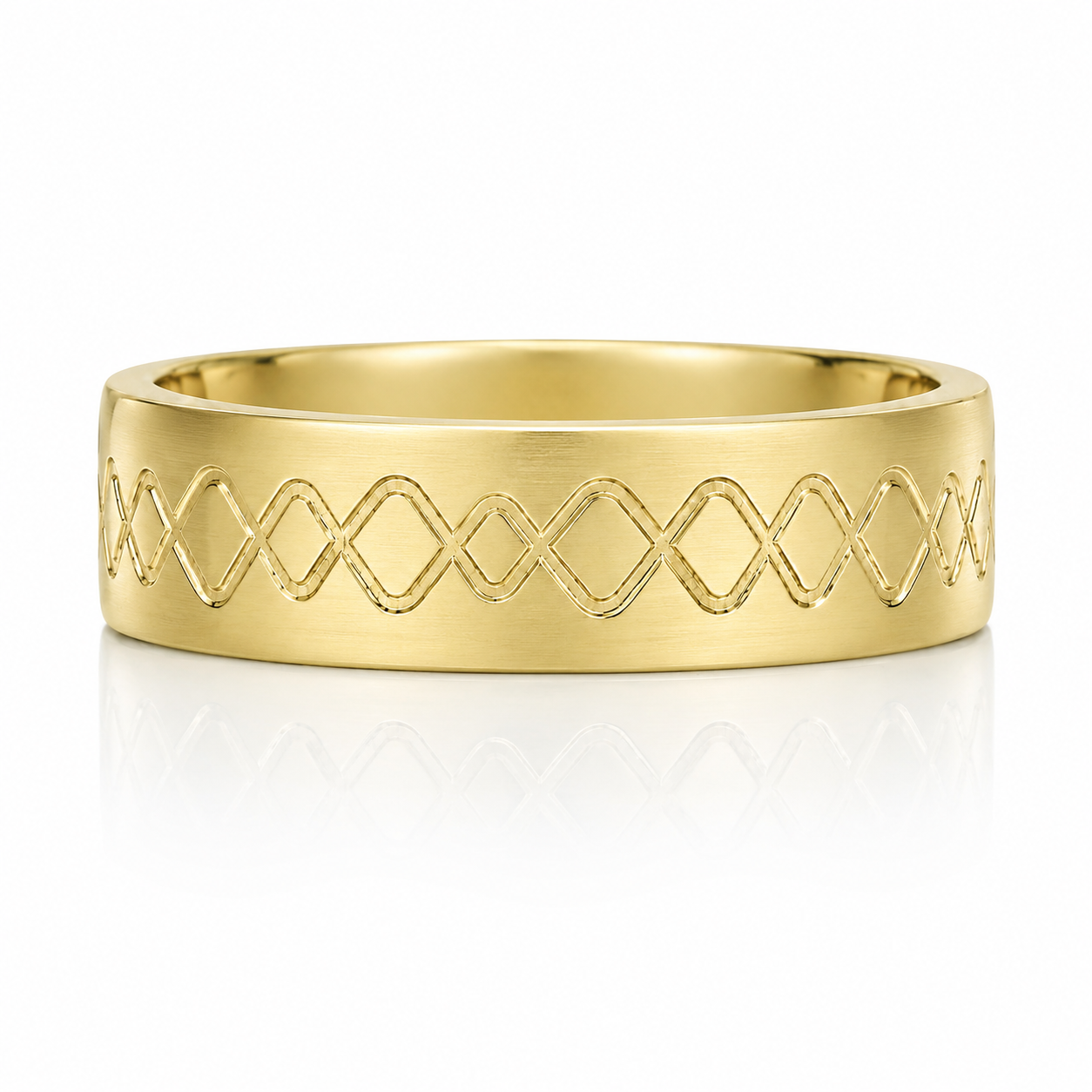 A gold ring with a diamond pattern embossed on it.