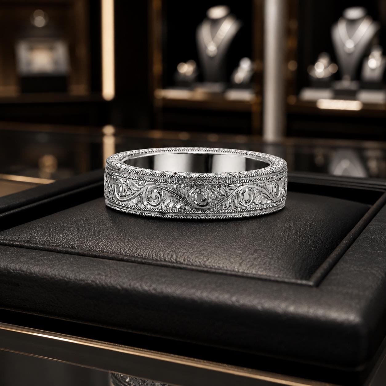 A silver ring with an intricate floral design sits on a black leather surface in a jewelry store.