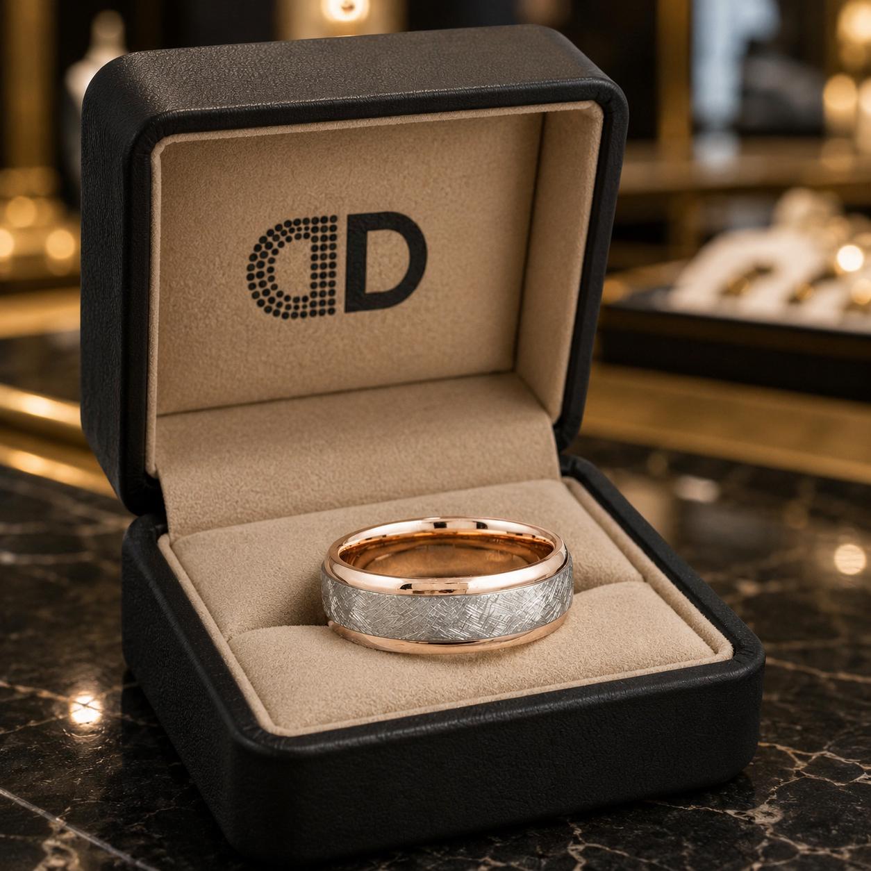 A gold and silver wedding band is displayed in a black jewelry box with a logo on the lid.