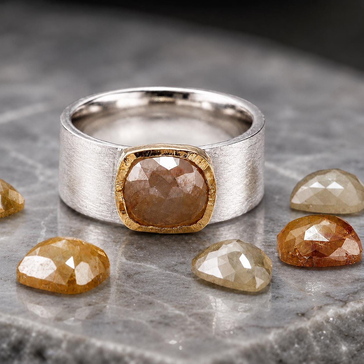 A silver ring with a large, irregularly shaped gemstone sits on a gray surface, surrounded by smaller, irregularly shaped gemstones.