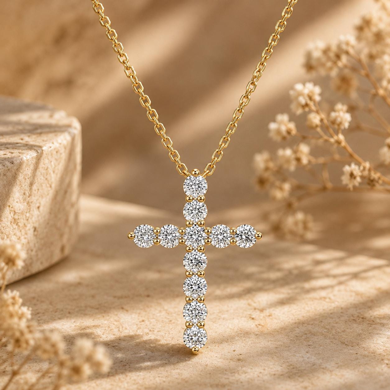 A gold cross necklace with a large diamond pendant is displayed against a beige background with delicate white flowers.
