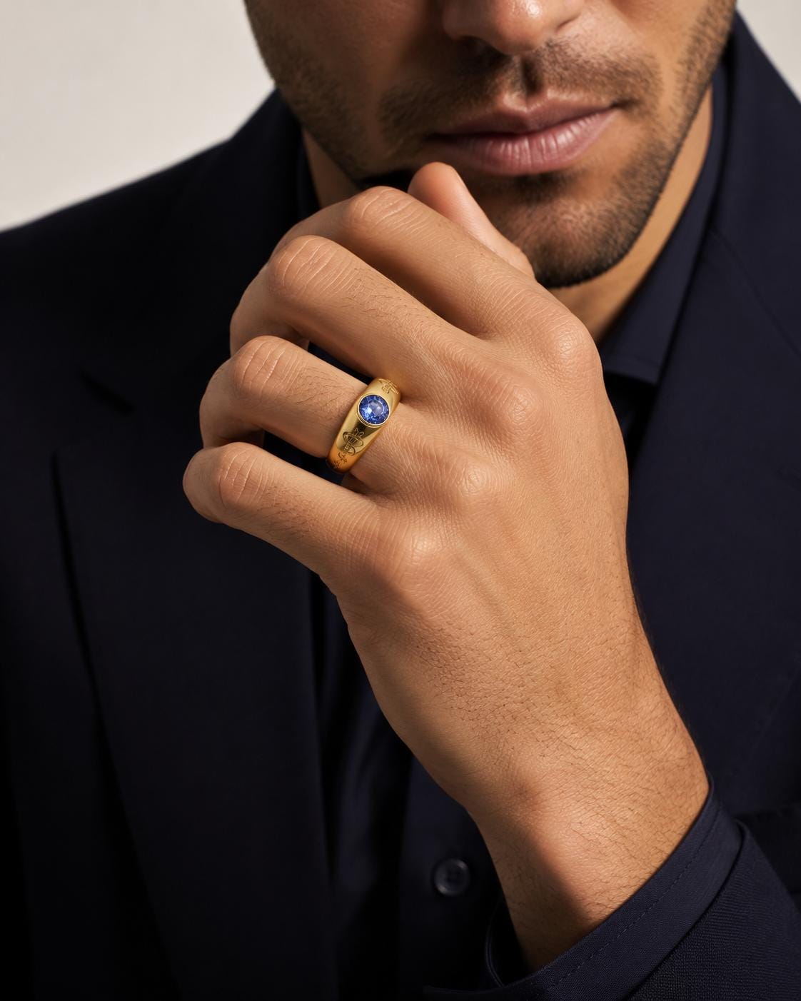 A close-up of a man's hand wearing a gold ring with a blue gemstone, wearing a dark suit jacket.