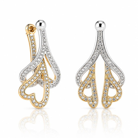 two elegant earrings with a combination of gold and silver designs, adorned with numerous sparkling diamonds.