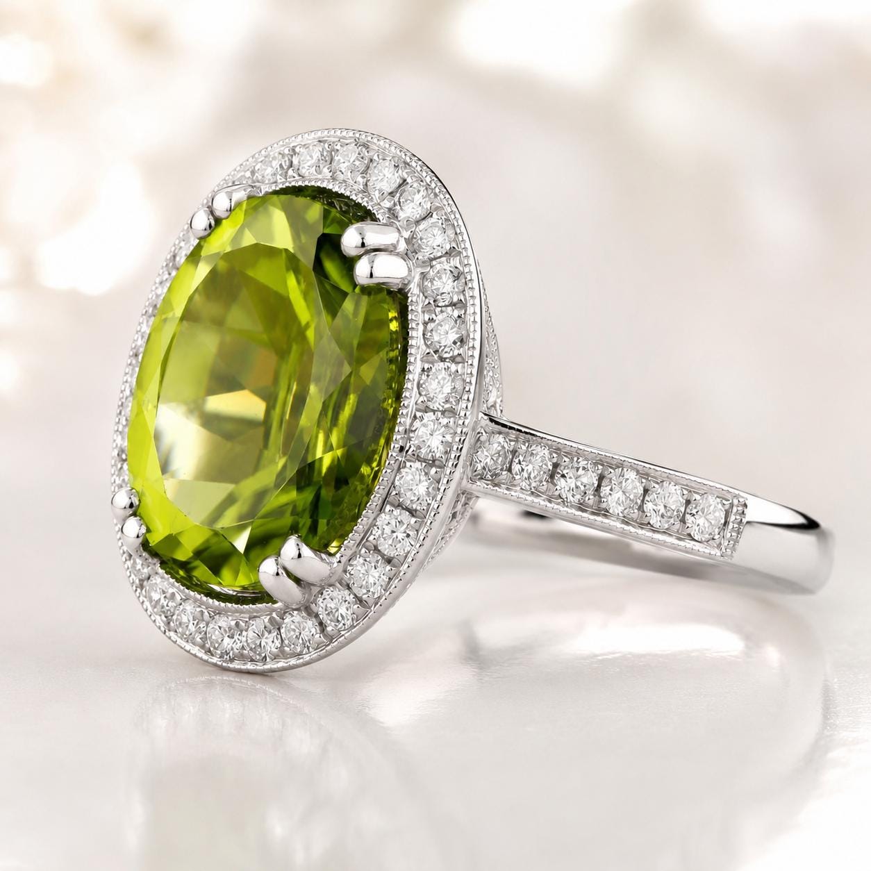 A close-up of a silver ring with a large oval-shaped green gemstone, surrounded by smaller diamonds.