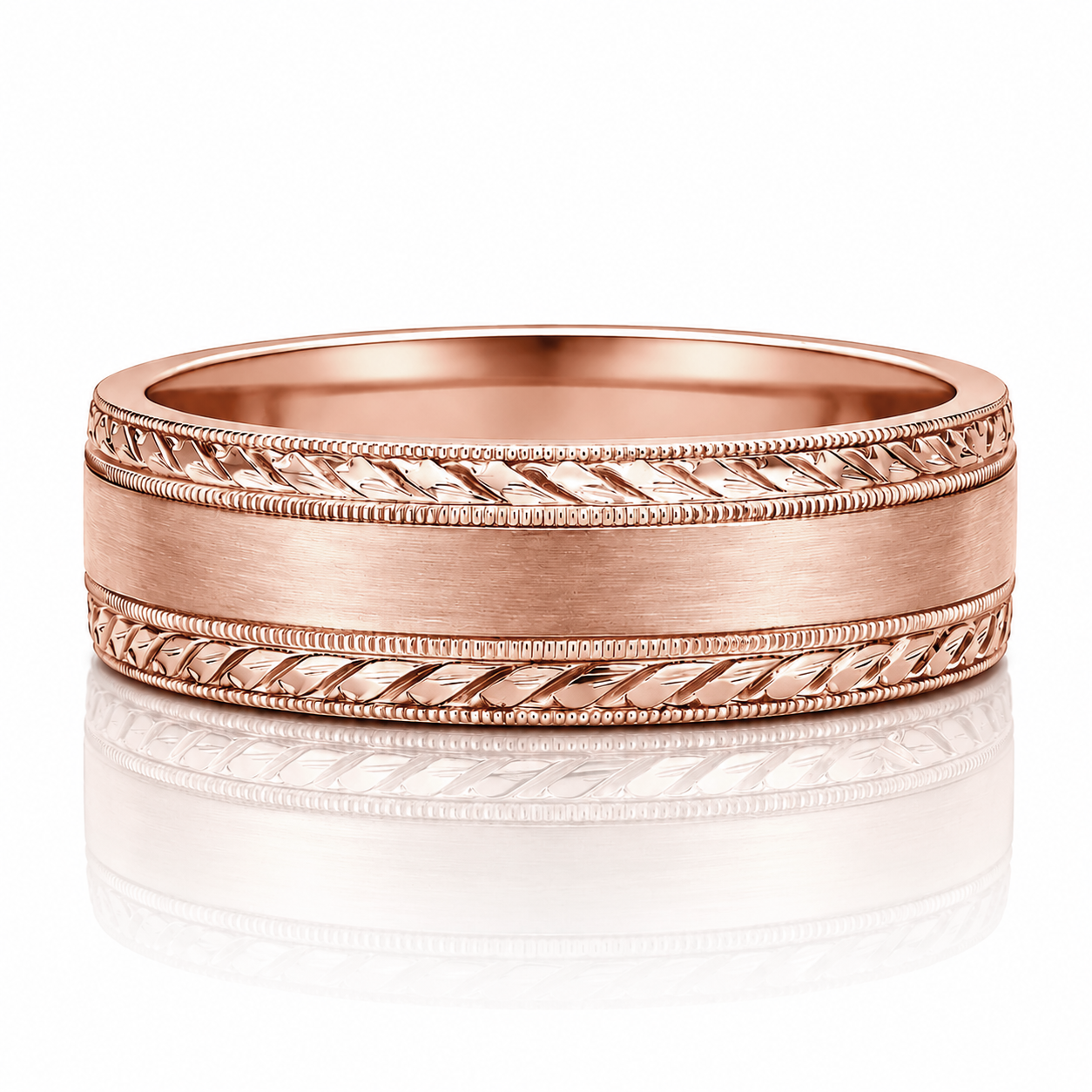 A rose gold wedding band with a decorative band design and a smooth, polished surface.