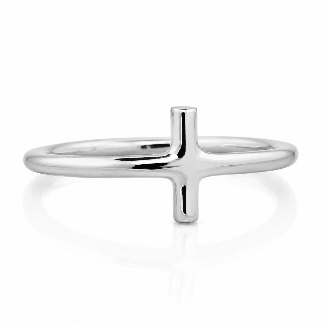 A simple silver cross ring on a white background.
