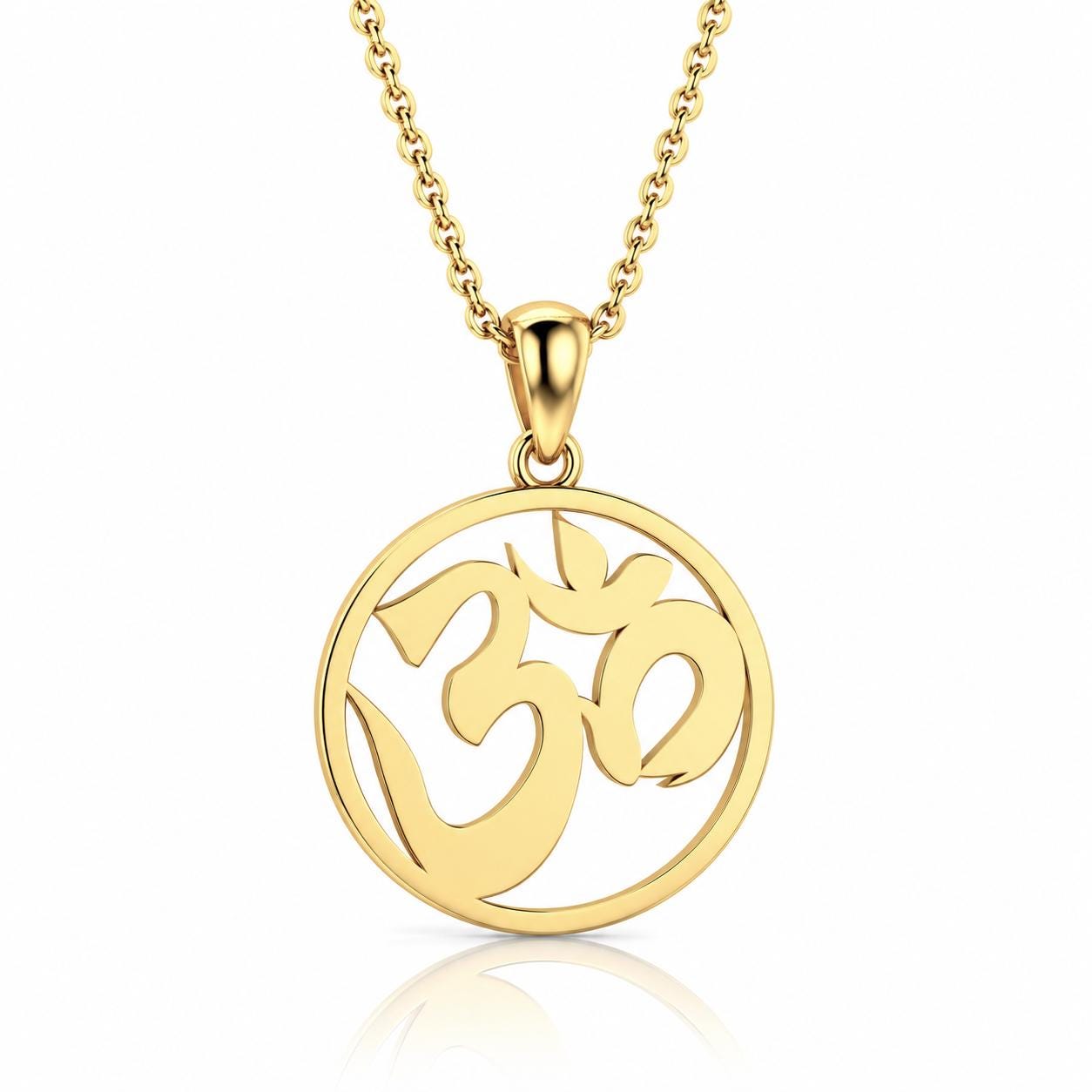 A gold-colored pendant necklace with a circular pendant featuring the Om symbol, a significant symbol in Hinduism and yoga.