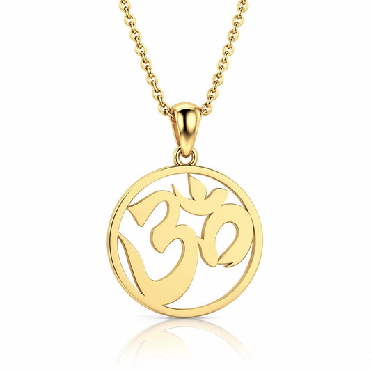 A gold-colored pendant necklace with a circular pendant featuring the Om symbol, a significant symbol in Hinduism and yoga.