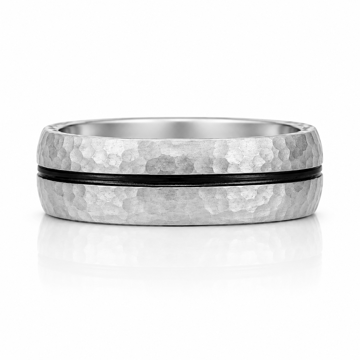 A silver ring with a black band around the top half.
