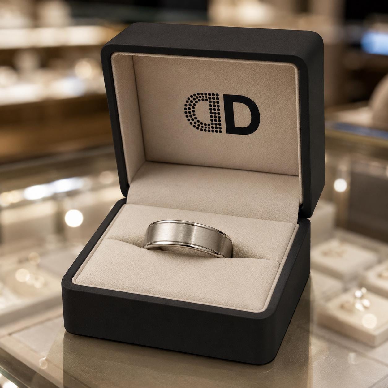 A silver wedding ring is displayed in a black jewelry box with a beige interior, placed on a glass countertop.