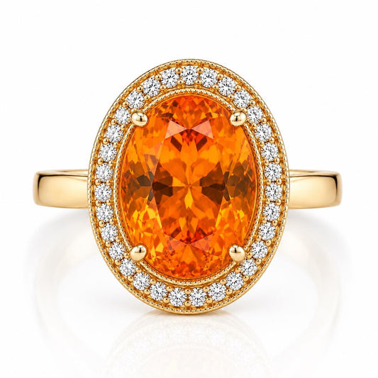 A gold ring with a large oval-shaped gemstone at the center, surrounded by a halo of smaller diamonds.