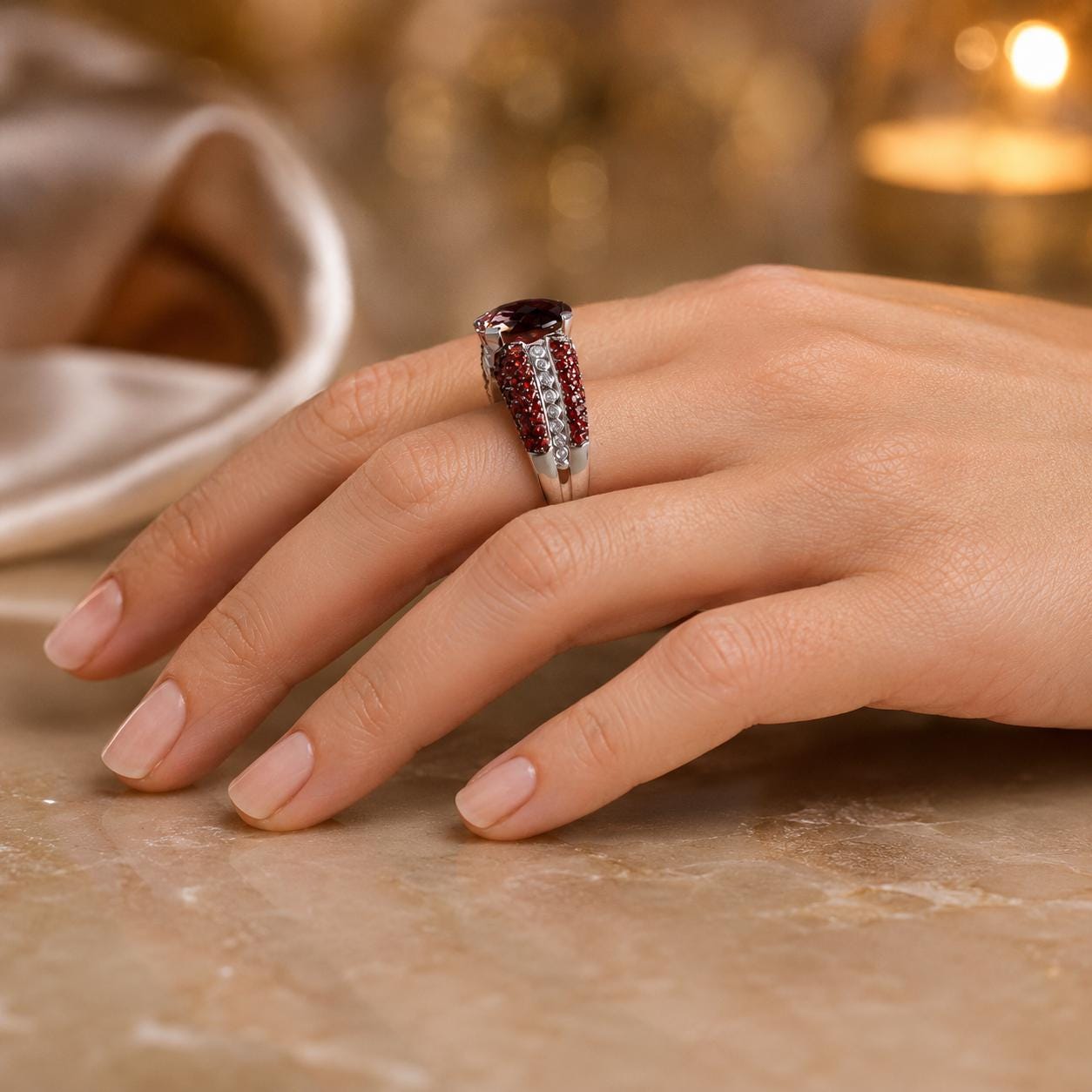 A close-up of a hand wearing a ring with a large, red gemstone.