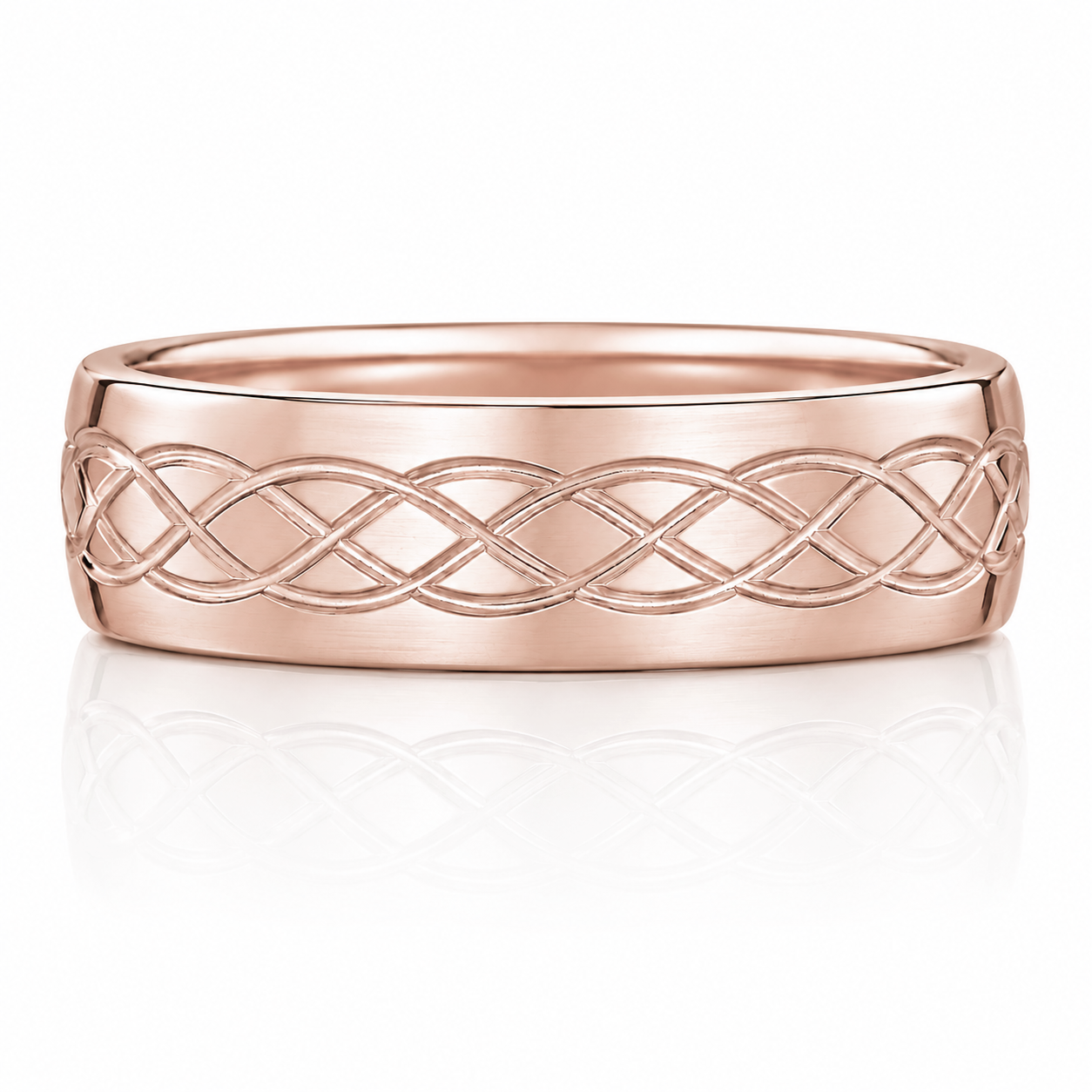 A rose gold ring with a Celtic knot design.