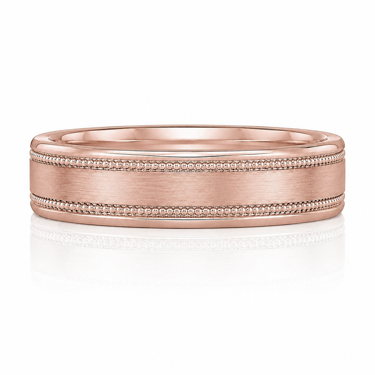 A rose gold band with a textured surface and a row of small diamonds along the edge.