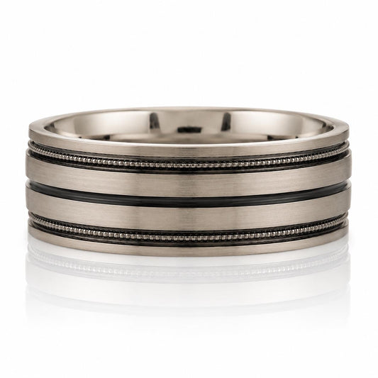 A silver-colored ring with three horizontal bands, one of which is black.