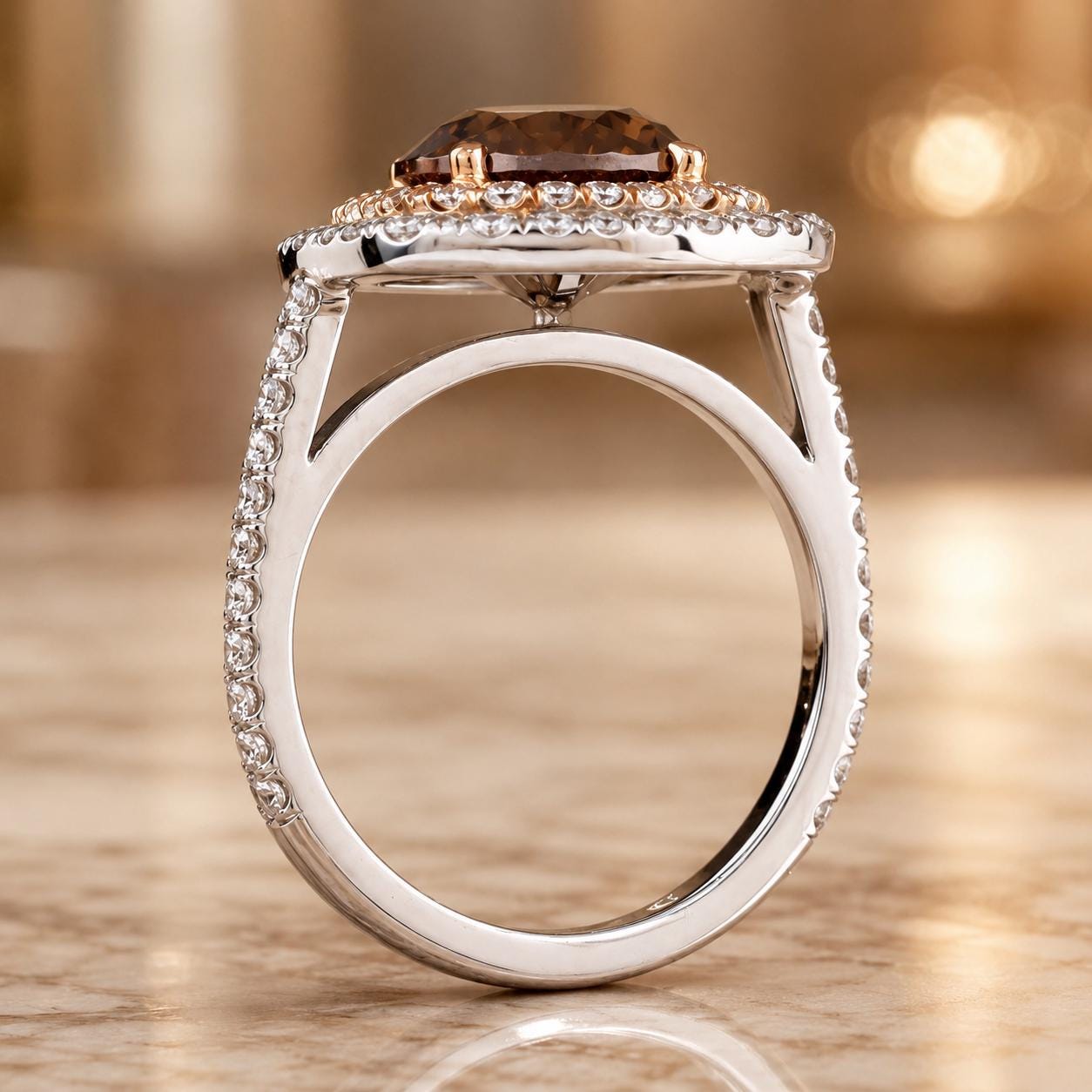 A close-up view of a diamond ring with a large central gemstone surrounded by smaller diamonds on a reflective surface.