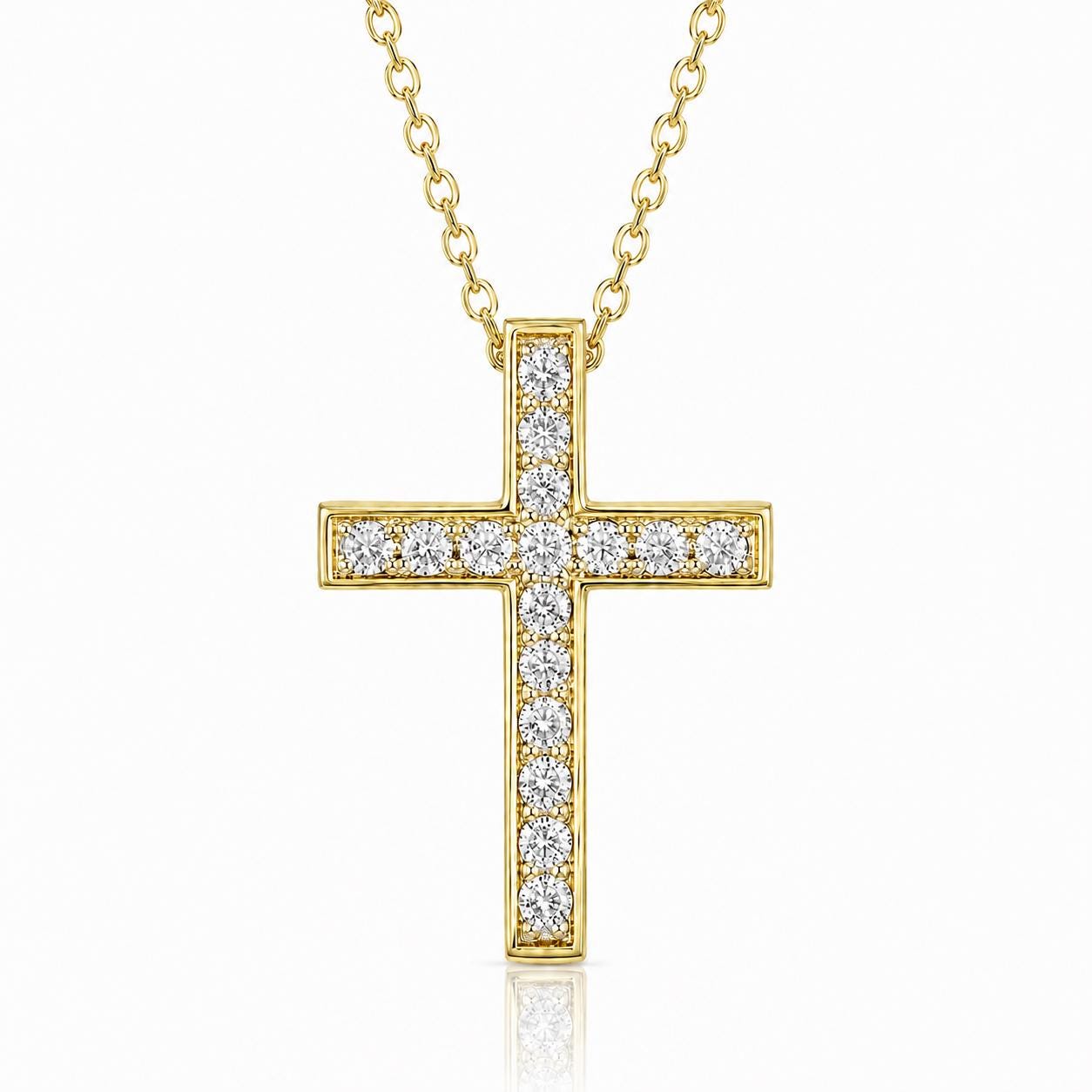A gold cross pendant with small diamonds set in the center.