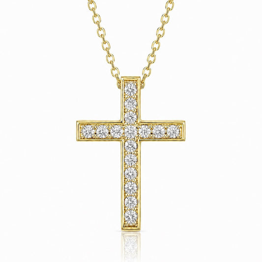 A gold cross pendant with small diamonds set in the center.
