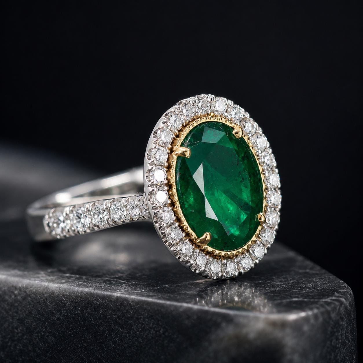 A close-up image of a diamond ring with a large oval-shaped green gemstone surrounded by smaller diamonds.
