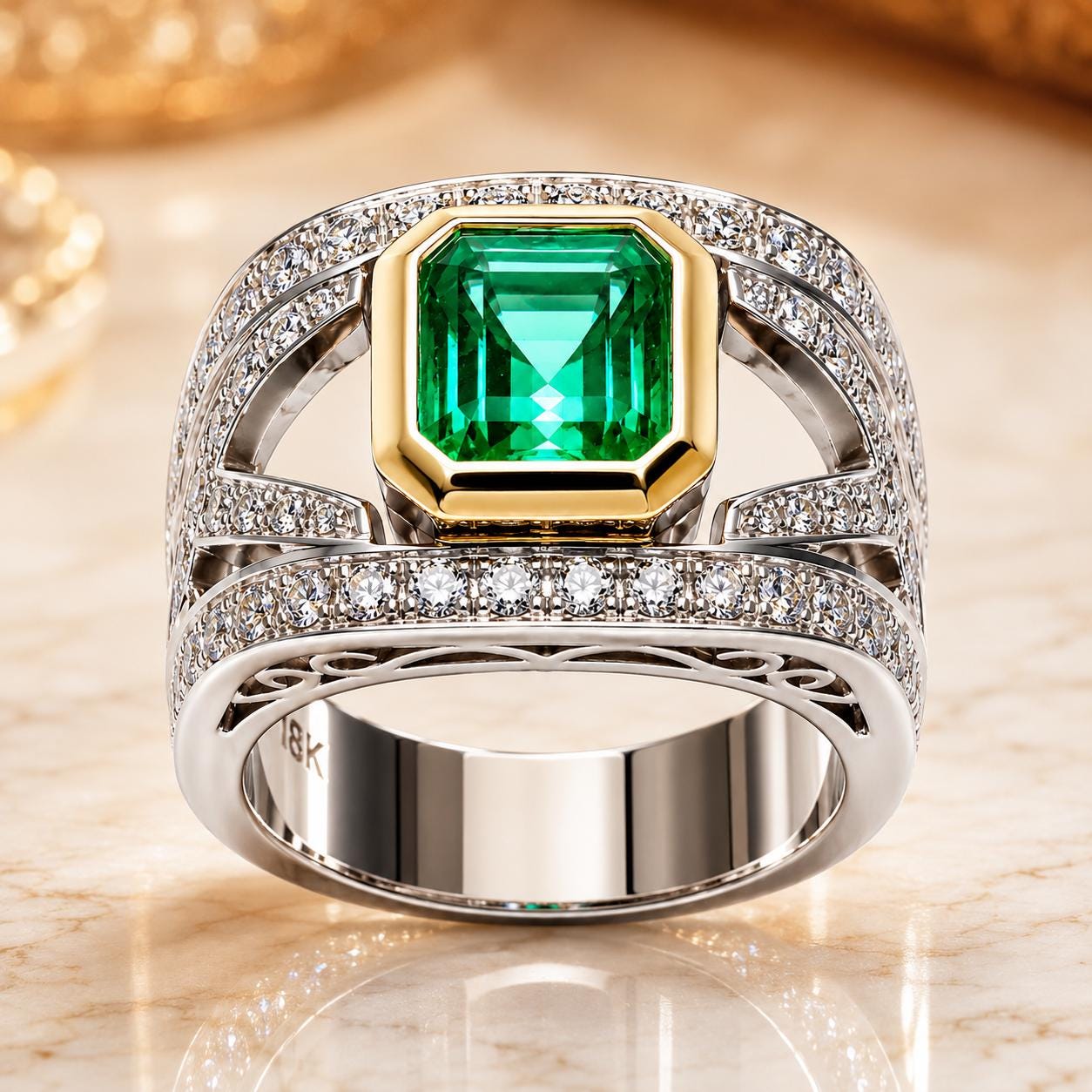 A silver ring with a large, green gemstone in the center, surrounded by smaller diamonds.