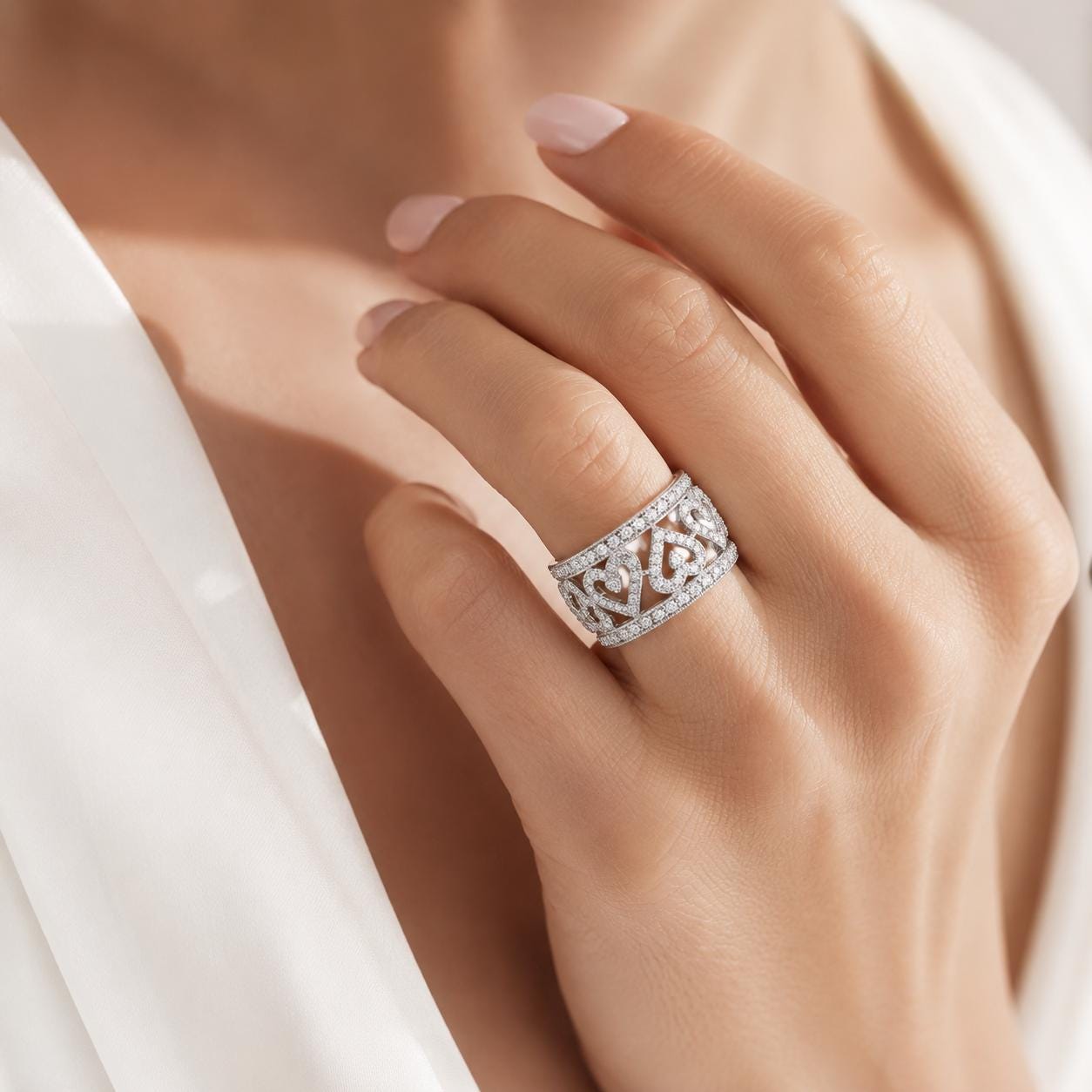 A close-up of a person's hand wearing a ring with a heart-shaped design.