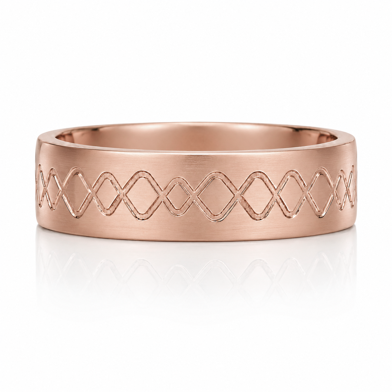 A rose gold band with a diamond pattern engraved on it.