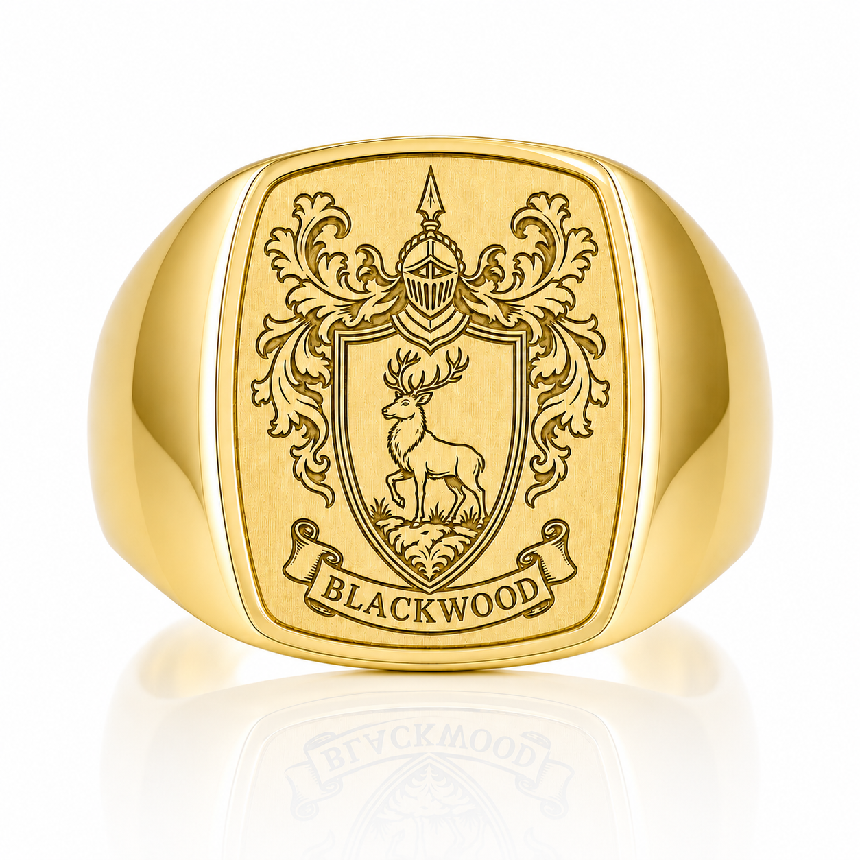 A gold ring with a crest featuring a deer and the word "BLACKWOOD" engraved on it.