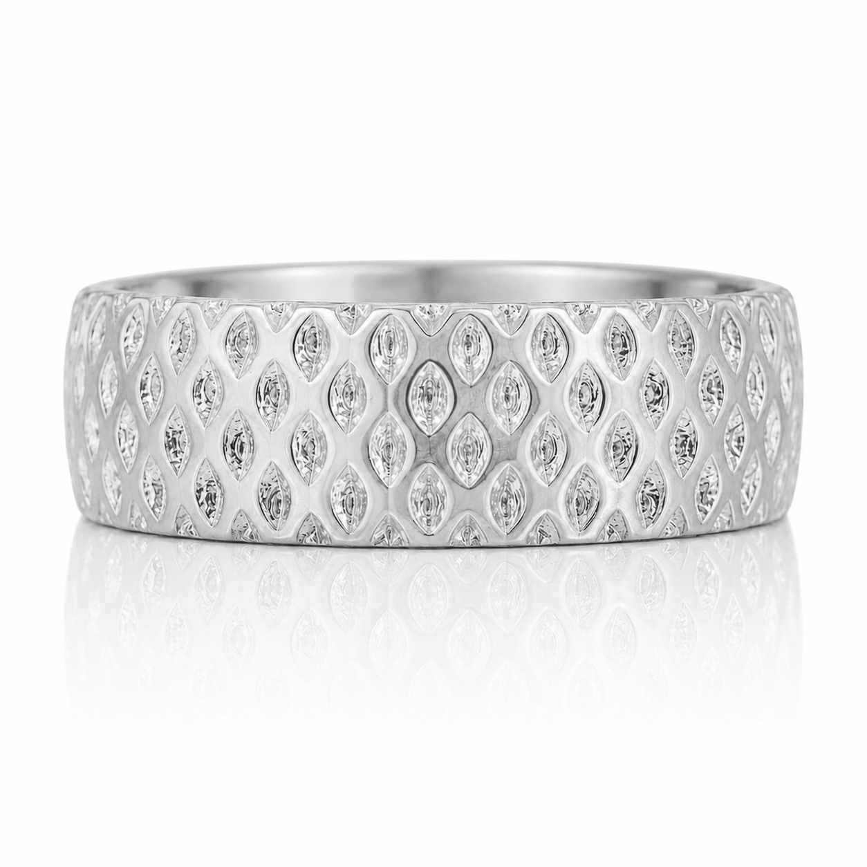 A silver band with a diamond pattern design.