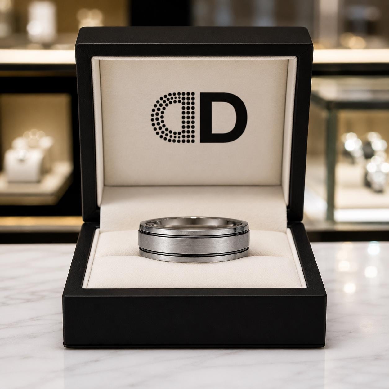 A silver ring is displayed in a black jewelry box with a white interior, placed on a marble countertop.