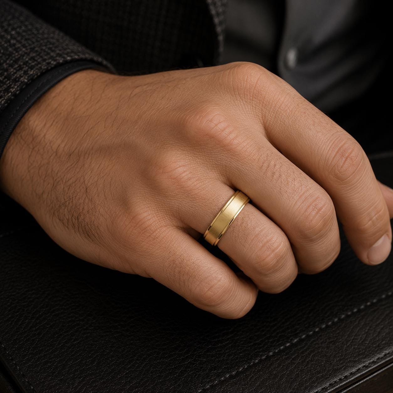 A close-up of a person's hand wearing a gold wedding ring.